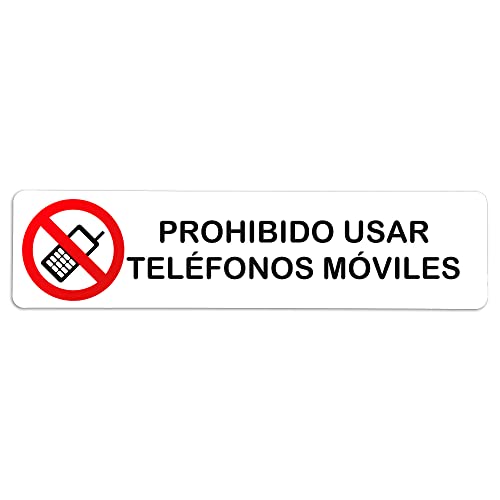 Becral® - Señal adhesiva de PVC PROHIBIDO TELEFONOS MOVILES | Placa puerta PVC BLANCO | Señal informativa | Cartel Puerta 200X50mm