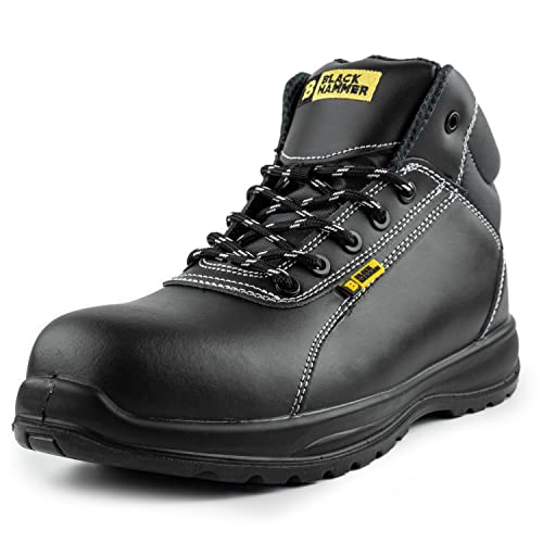 BLACK HAMMER Botas de seguridad para hombre de cuero S3 SRC puntera de material compuesto Kevlar no metálico Zapatos de trabajo ligeros sin metal Tobillo Hiker 1500 Negro (41 EU)