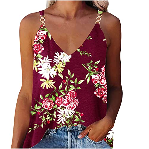 Blusa de cuello en V para mujer, sin mangas, con bloques de color, diseño de mármol, floral, con cadena ácida, talla L, I-p42 rojo, XL