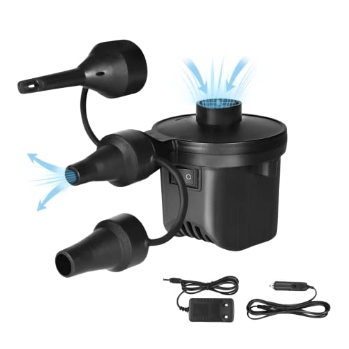 Bomba de Aire Eléctrica para Piscinas. Inflador – Desinflador Portátil para Colchonetas. Hinchador para Colchones, Flotadores, Envase al Vacío, con 3 Boquillas, 240V AC / 12V DC.