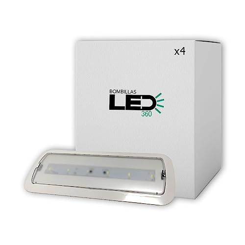 bombillasled360 Pack x4 Luz de Emergencia Led de 3W permanente/no permanente. Luz 6000k. Led SMD alto rendimiento. Instalación superficie y empotrable. Resistente al fuego