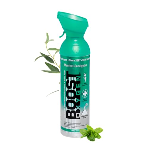 Boost Oxygen - Botella de Oxígeno Portátil - Lata de Oxigeno 95% Puro y Natural - Concentración, Recuperación, Energía, Estado de Ánimo, Grande - 9L (1x Envase - 150 Inhalaciones) - Mentol-Eucalipto