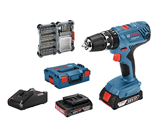 Bosch Professional 18V System GSB 18V-21 - Taladro percutor a batería (55 Nm, 1800 rpm, 2 baterías x 2.0 Ah, set 40 puntas, en L-BOXX) - Amazon Exclusive