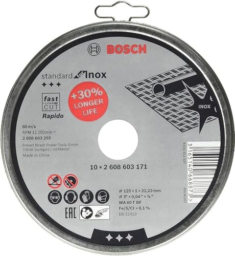 Bosch Professionnal 10 discos de corte Standard for Inox en lata metálica (para acero inoxidable, Ø 125 mm, recto, accesorio para amoladora)