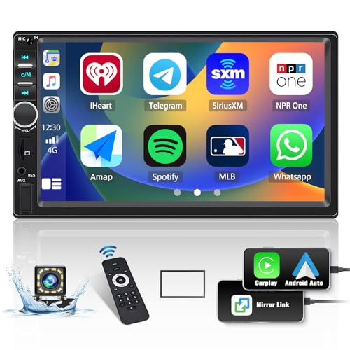 CAMECHO 2 DIN Radio de Coche con Apple CarPlay Android Auto, 7 Pulgadas Pantalla Táctil de con Bluetooth Mirror Link SWC FM AUX USB Siri+ Cámara de Visión Trasera+ Mic