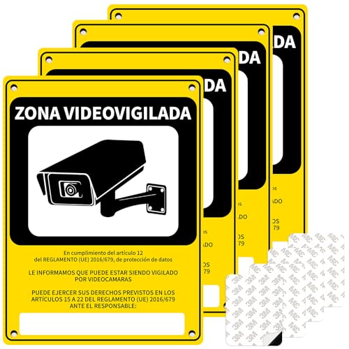 Cartel Videovigilancia, 4 Piezas Cartel Zona Videovigilada Interior Exterior, 20 x 15cm Cartel Alarma PVC con Pegatina y Agujeros Pretaladrados