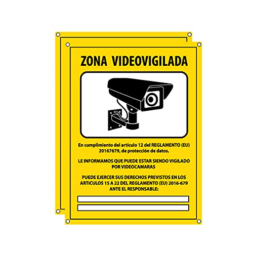 Cartel videovigilancia - Placa zona videovigilada – Carteles cámara vigilancia 20x15 cm - Amarillo Interior-Exterior - PVC (2 Piezas Cartel Videovigilancia)