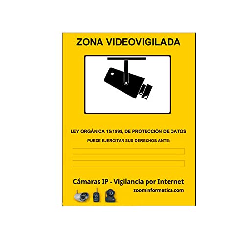 Cartel zona vigilada color amarillo. Diseño homologado para cámaras de vigilancia.Util para comercios, empresas con cámaras de seguridad. Zona vigilada video-vigilada. Cartel informativo (A6, Rígido)