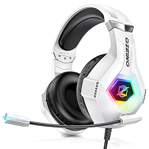 Cascos Gaming con Micrófono Suave, Luz RGB, Sonido Envolvente Claro, Orejeras Ligero Cómodo Ajustable, Auriculares Gaming Blanco para PS5 PS4 PC Xbox One/X/S Switch Tableta