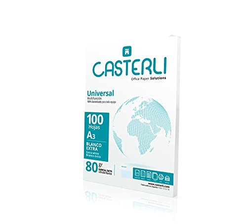 Casterli - 81018 Folios A3, 100 Hojas Blancas. Tamaño A3, Papel de 80 gr, Extra blanca, Papel multiusos para impresora A3 80gsm (A3, 100 HOJAS)