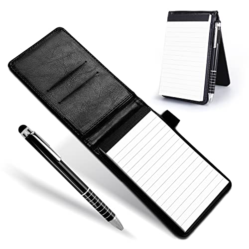 Cobee Cuaderno de bolsillo con bolígrafo, mini bloc de notas de cuero, cuaderno pequeño portátil con bolígrafo de metal para oficinas, escuelas, restaurantes (Negro)