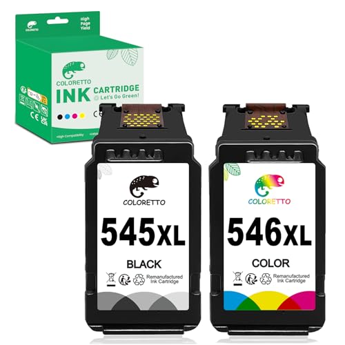 COLORETTO PG-545XL CL-546XL Remanufacturado Cartucho de Tinta para Canon 545 XL 546 XL Negro y Tricolor Compatible Pixma TS3150 TS3350 MG2550 MG2550s MG2950 MG2450 MG3050 MG3051 MG3052 MX495 Impresora