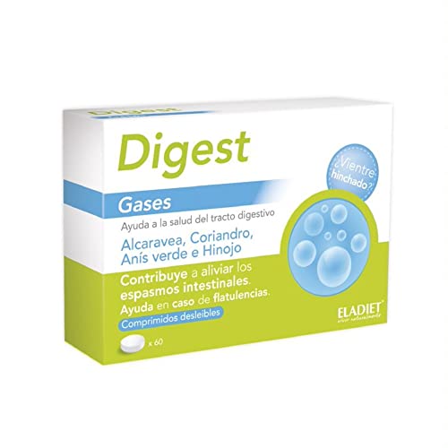 Complemento Alimenticio con Alcaravea, Hinojo, Coriandro y Anís Verde - Digest Gases - 60 Comprimidos - Ayuda a Disminuir la Sensación de Pesadez en el Estómago - Eladiet