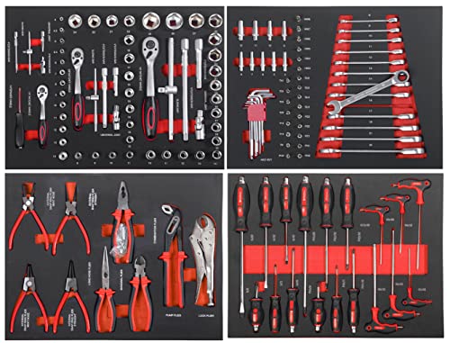 Conjunto de herramientas para carro de taller con modulos en espuma EVA con terminación en carbono para carro, 154 piezas | Llaves y vasos | Llaves con carraca | Alicates | Destornilladores
