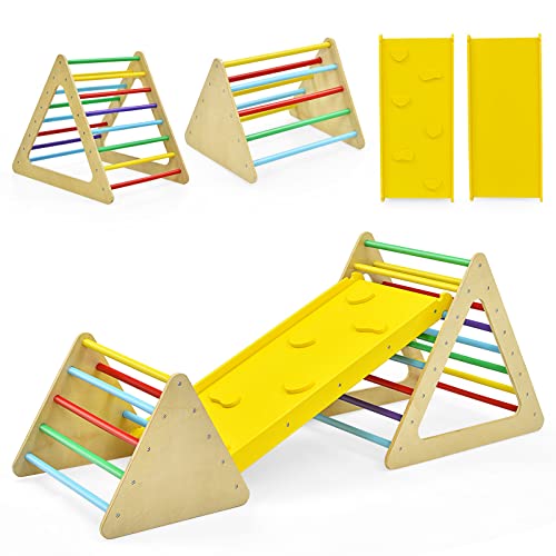 COSTWAY 3 en 1 Triángulo de Escalada con Rampa, Set de Escalada para Niños, 3 Piezas con 2 Escaleras Triangulares y 1 Rampa de Doble Cara, Juguetes Triangulares de Escalada (Multicolor)