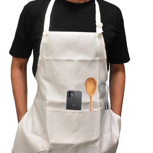 Delantal de cocina Impermeable, con 2 bolsillos 100% poliéster Ajustable, Mandil transpirable ideal para cocinero, camarero o barbacoas. Apron chef para Hombres y Mujeres. Resistente (Blanco)