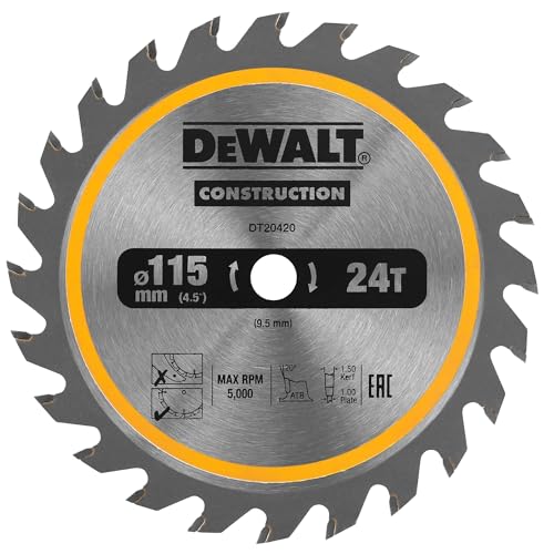 DEWALT DT20420-QZ - Hoja de sierra circular para construcción 115/9,5mm 24WZ, Ángulo de dentado 20°, Ancho de corte 1,5mm, Para uso universal, Con Nail Tough para serrar madera con clavos