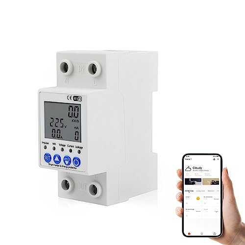 Diymore Medidor de Consumo Electrico,Interruptor de Protección Contra Fugas,Medidor de Energía Inteligente Monofásico KWh,90-230V WiFi DIN-Rail Monitor Digital de Consumo de Energía