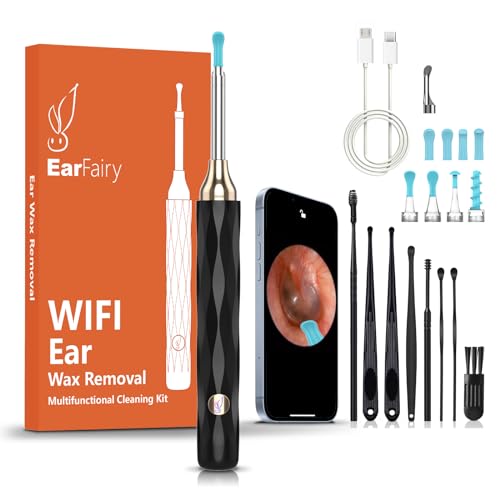 EarFairy Otoscopio, Limpiador de cerumen, otoscopio medico profesional WiFi de ultra alta definición, con 6 puntas de silicona suave y segura, bastoncillos oidos, compatible con Android e iOS