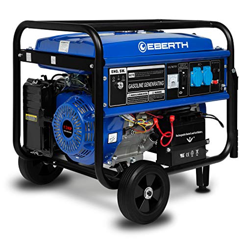 EBERTH Generador de corriente de gasolina de 5500 W con chasis, arranque eléctrico, AVR, motor de gasolina de 13 CV, 4 tiempos, refrigerado por aire, arranque por cuerda, 1 fase, 2 x 230 V, 1 x 12 V