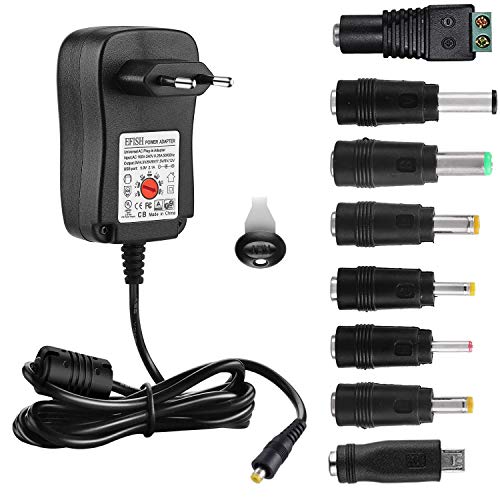 EFISH Adaptador Multifuncional Universal DC Power Supply,Adaptador de CA 100-240V a 3V/4.5V/5V/6V/7.5V/9V/12V- MAX 2A(2000mA) Adaptador de Viaje,CE Aprueba+8 Enchufes Diferentes(Micro USB Incluido)