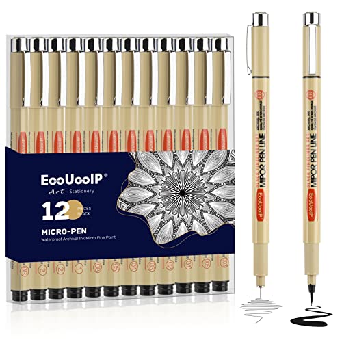 EooUooIP Micro Pen Fineliner Ink Pen, paquete de 12 Fineliner Pen Set, Black Pigment, Fine Point Art Supplies, Sketch Pens Brush Shading, Technical Drawing para artista
