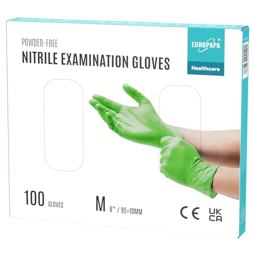 EUROPAPA® 100 guantes de nitrilo desechables, guantes desechables, guantes de examen, guantes de nitrilo, sin látex, sin látex, no estéril, guantes de examen (M, verde)