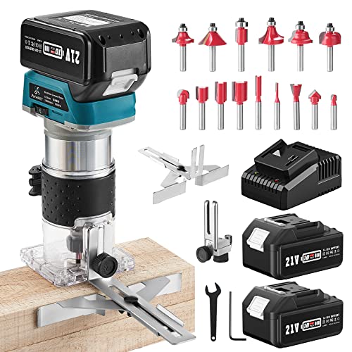 Fresadora de Madera a batería, 21V Fresadora de Madera Compacta con 2PCS 4.0Ah Baterías, Fresadora Madera para carpintería, Fresadora Eléctrica con 15 piezas de 1/4 "Router Bits