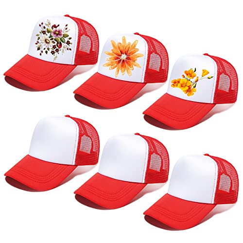 Geebuzz Pack de 6 gorras de béisbol unisex de malla en blanco por sublimación de poliéster, rojo / blanco, Talla única
