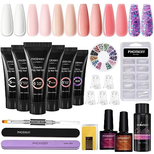 Gel de Extensión de Uñas 6 Colores 15ml Kit Uñas de Gel Phoenixy Uñas de Gel Kit Completo para Principiantes Top y Base Coat Regalos