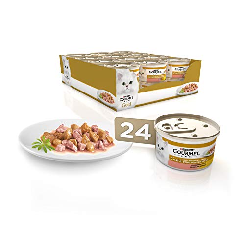 Gourmet Purina Gold Bocaditos en Salsa, Comida Húmeda para Gato con Salmón y Pollo, 24 latas de 85g