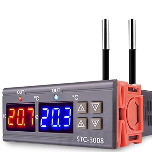 Greluma Controlador de termostato de temperatura STC-3008 AC 110V-220V, controlador de temperatura digital con pantalla doble y sensor de sonda NTC doble, modo de calefacción y refrigeración