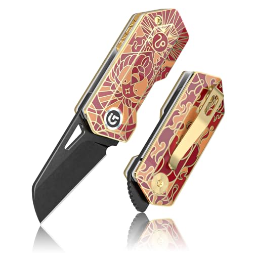 GVDV 9Cr18 Acero Inoxidable Signo del Zodiaco Cuchillo Plegable, Navaja de Bolsillo Pequeña con Mango de Imitación Esmalte, EDC Outddor Cuchillo de Supervivencia, Regalo para Hombre Mujere, Leo