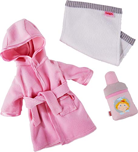 HABA 305238 - Conjunto de Ropa de baño, Accesorios para muñecas para Todas Las muñecas 30 cm, Juego de Bata, Toalla y champú, a Partir de 18 Meses