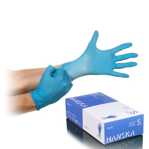 HANSKA Guantes desechables Nitrilo Azul - Sin Polvo - Desechables - Ambidextros - No estériles - Base de goma - Apto para ámbitos médicos, manipulación de alimentos (100, S)