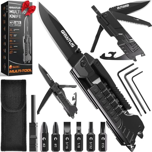 herramientas multiusos Cuchillo 17-en-1 con Palillos para Encender Fuego, Abrelatas, Sierra, Silbato, Perfecto para Acampar, al Aire Libre, Supervivencia y Uso Diario - Regalos para Hombres, Papá