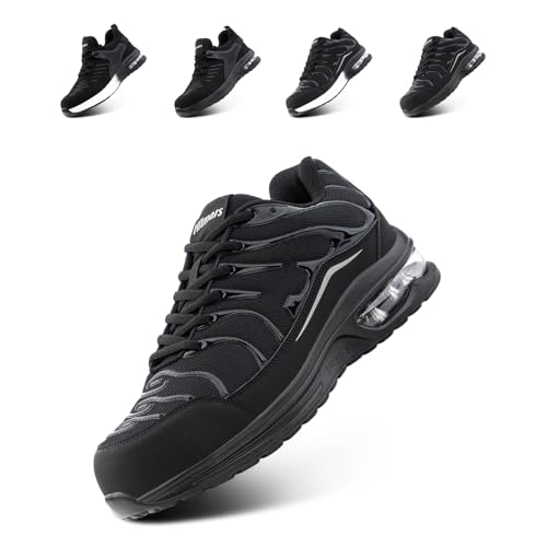 Hitmars Zapatos de Seguridad para Hombre Mujer Zapatillas de Seguridad Zapatillas Trabajo Ligero Calzado de Seguridad con Punta de Acero Zapatos de Trabajo Transpirable Negro 43 EU