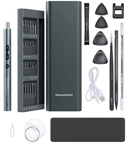 Housolution Juego de Mini Destornillador Eléctrico de Precisión, 62 en 1 Kit de Destornillador de Reparación Magnético Profesional con 48 Brocas de Precisión LED Luz para Móvil Tableta Relojes, Gris