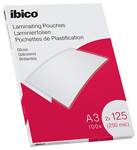 Ibico Láminas para Plastificar Tamaño A3, Acabado Brillante, 250 Micras, Pack de 100, Transparentes, 627321