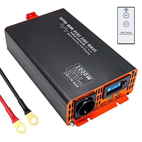 Inversor 12v 220v Onda Pura 1000W/2000W con Pantalla LCD con 1 Toma de AC & Mando a Distancia & 1 Type-c & 1 Puertos USB para Coche de camión Caravana