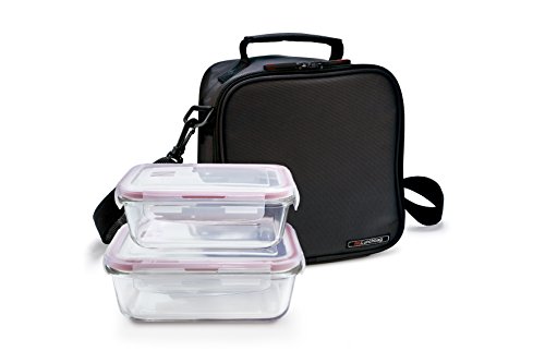 IRIS BARCELONA - Basic Lunch Bag, Set de Bolsa Térmica Porta Alimentos 3,8 l y 2 Tapers de Cristal 570 + 840 ml, Negro