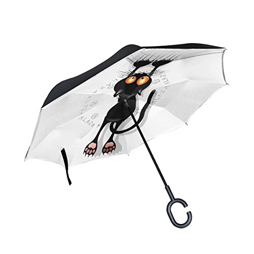 ISAOA invertido Paraguas Resistente al Viento Doble Capa reversa Plegable Paraguas para Coche Lluvia Uso al Aire Libre, Mango en Forma de C Auto pie Gato Dibujos Animados rascando Paraguas