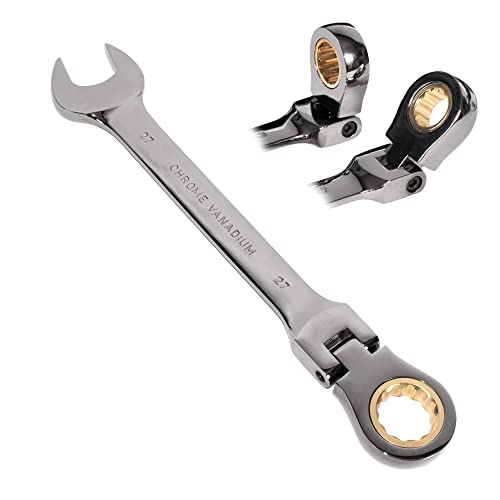 JEVX Llave Fija con Carraca Articulada Metrica de 27mm - Herramienta de Trinquete Profesional Combinada, Fabricada en Cromo Vanadio con Doble Boca