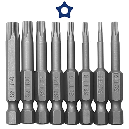 Juego de 8 puntas de destornillador Torx de 5 puntos, cabezal magnético de seguridad Torx de 1/4 pulgadas, juego de puntas de destornillador T8 T10 T15 T20 T25 T27 T30 T40, S2