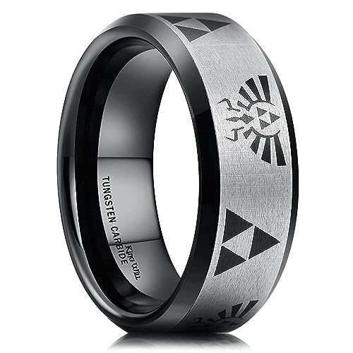 King Will Anillos de tungsteno negro de 8 mm para hombres y mujeres, alianzas de boda The Legend Of Zelda, anillo Triforce con acabado mate, ajuste cómodo, Z(68.47mm), Tungsteno, Sin piedras preciosas