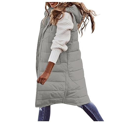 Kingkingma Chaleco largo acolchado para mujer, sin mangas, abrigo, ligero, de algodón, con capucha, chaqueta de invierno para mujer, 1-gris, XXXL