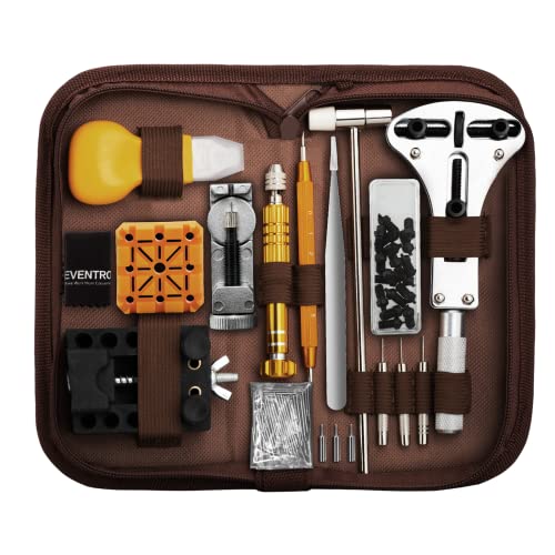 Kit de Reparación de Relojes, Eventronic Juego de Herramientas de Barra de Resorte Profesional, Juego de Herramientas de Pasador de Enlace de Banda de Reloj con Estuche (Marrón)