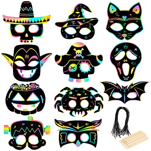 LANMOK 22 piezas Scratch Art Máscaras para niños Scratch Art Máscaras Halloween Scratch Art DIY Máscara Fiesta de animales Máscara Cosplay Fiesta de Halloween Suministros Vestir Niño