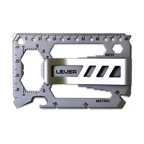 Lever Gear Toolcard Pro con Clip para Billetes - Multi-herramienta 40 en 1 en formato de tarjeta de crédito. Multi Herramienta de Cartera Elegante Minimalista de Acero Inoxidable – Plata Granallada