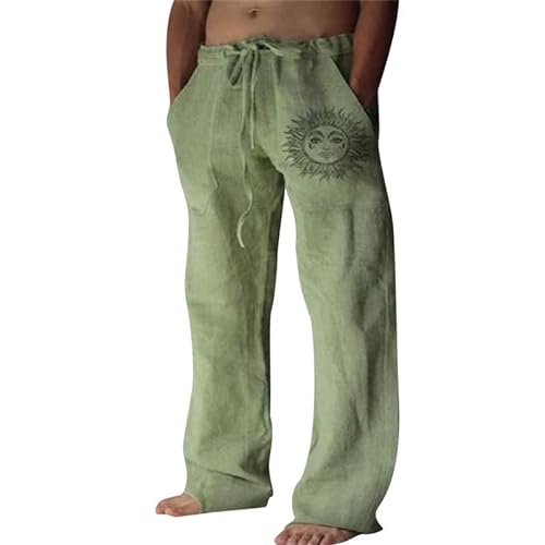 Litthing Pantalones de lino para hombre ligeros pantalones de verano largos casuales largos pantalones casuales con pierna ancha cintura elástica con bolsillos prácticos, verde, M